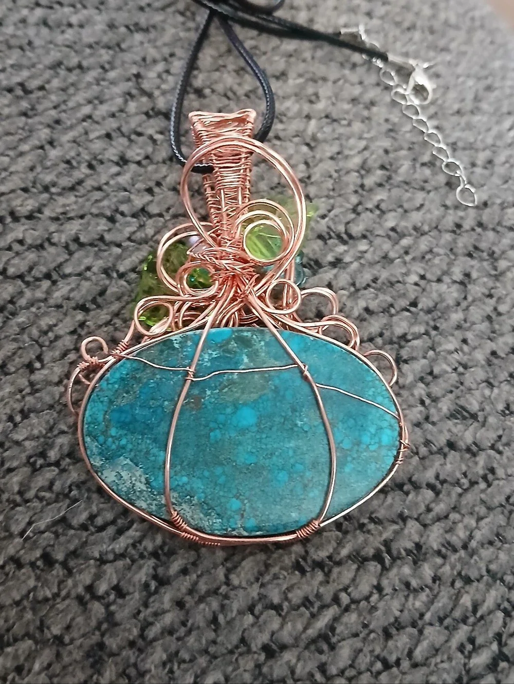 Blue turquoise copper wire wrapped pumpkin necklace with flowers new handmade